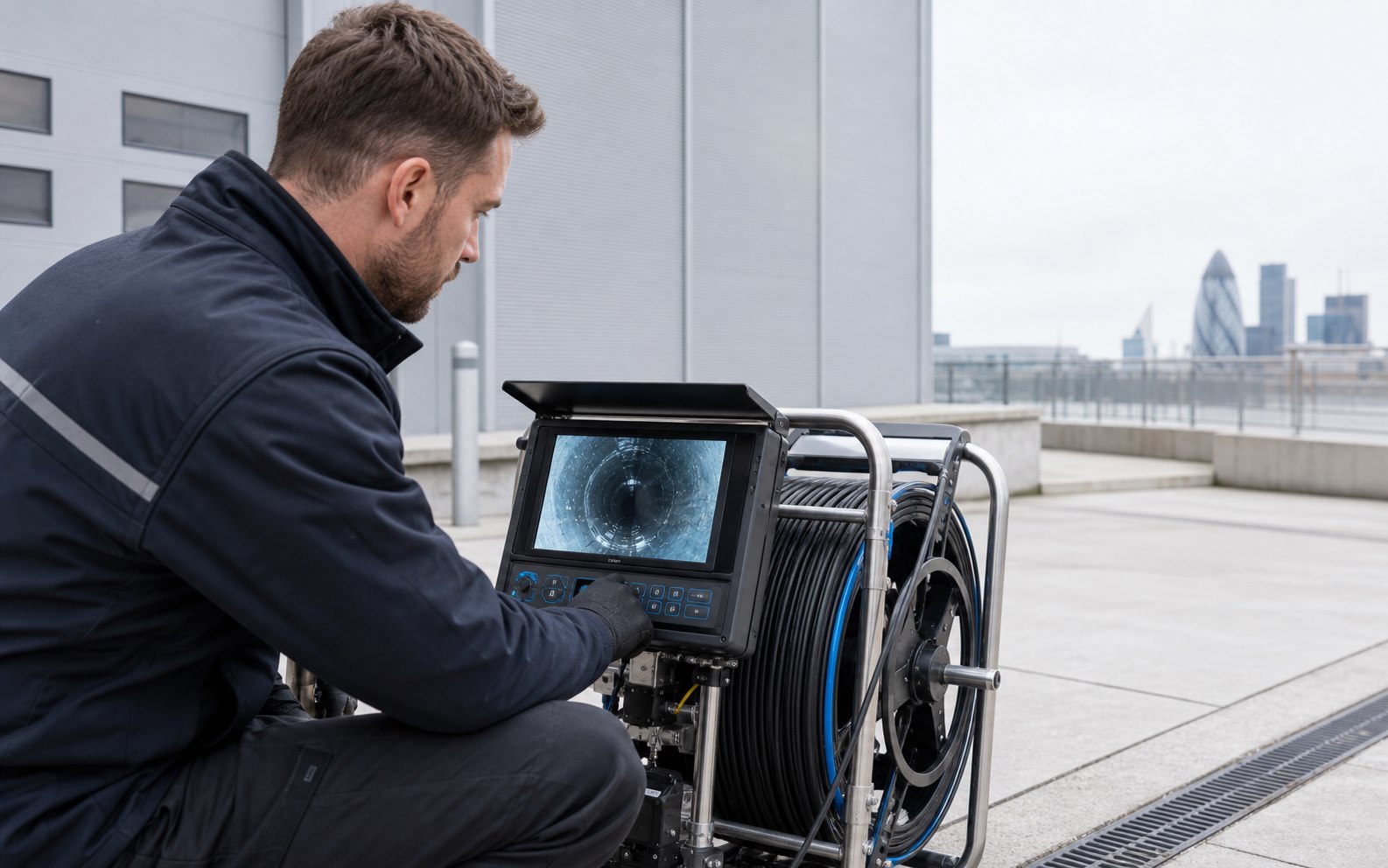 Drainage engineer reviewing CCTV inspection equipment